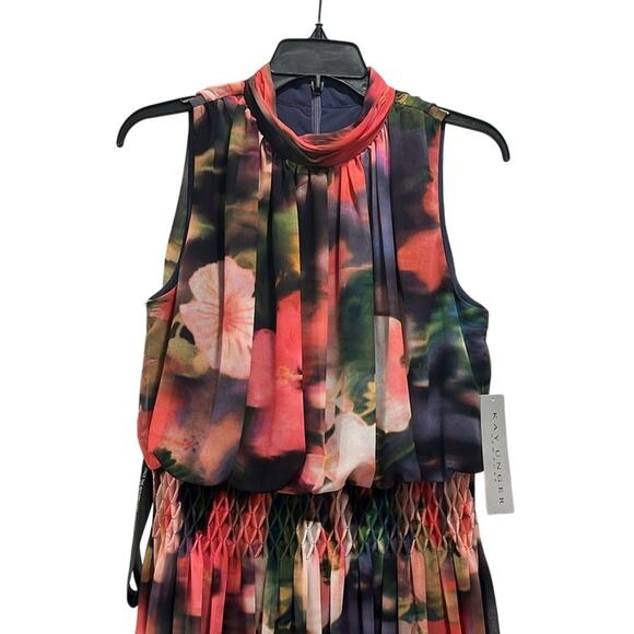 Kay Unger Leilani Hibiscus Print Blouson Maxi $388 Dress in Bright Coral Size 8 - Picture 6 of 8
